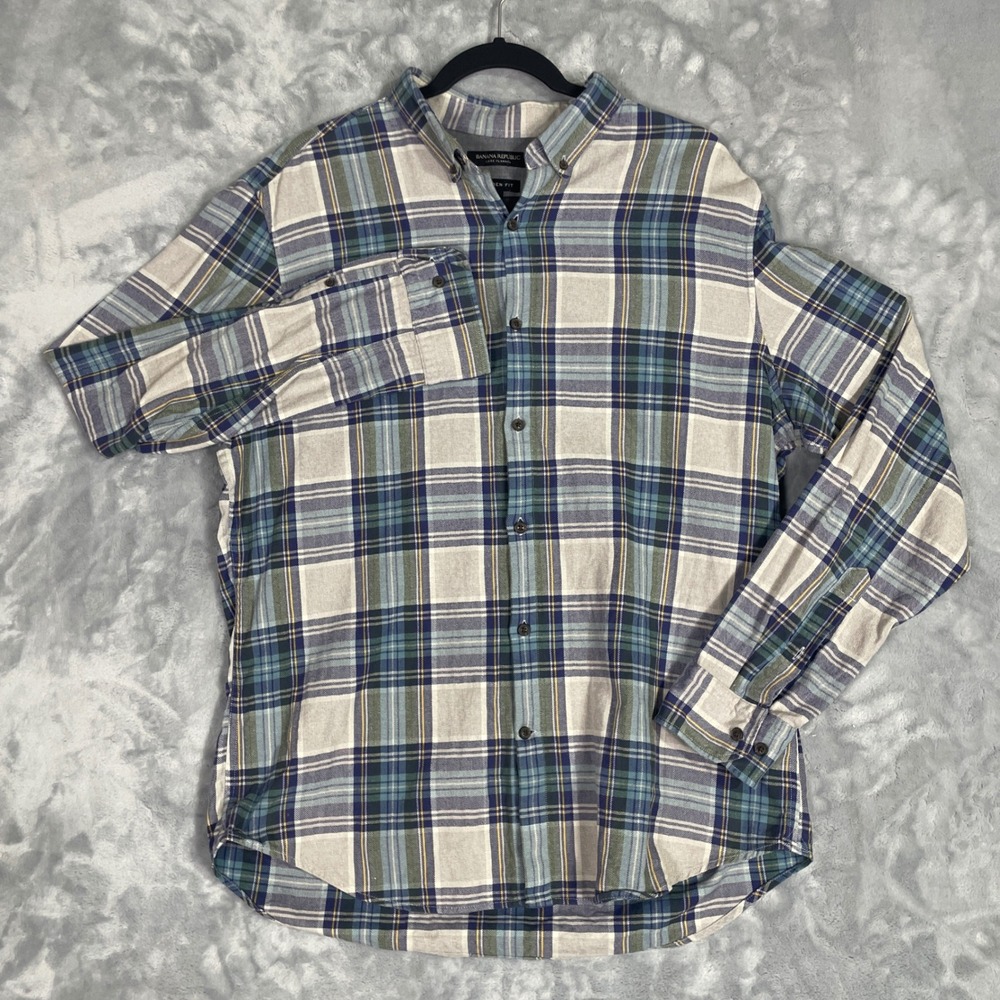 Banana Republic Flannel Mens Large Camden Fit Luxe Blue Plaid Excellent